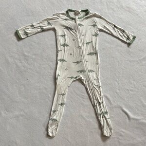 Cream One-Piece Footed Pajamas with Green Dinosaur Print